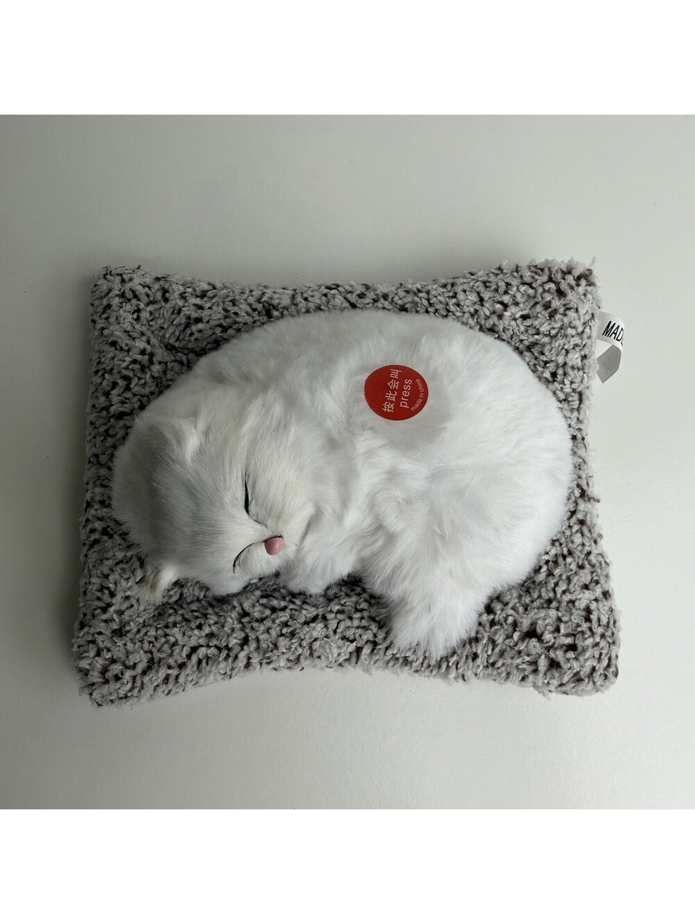 Realistic Sleeping White Cat Plush Toy Press Meow Sound Gray Cushion Kitten